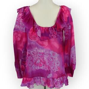 Vintage Eyeful Blouse (S) Flounce Ruffle Semi-Sheer Abstract Floral Pink Purple